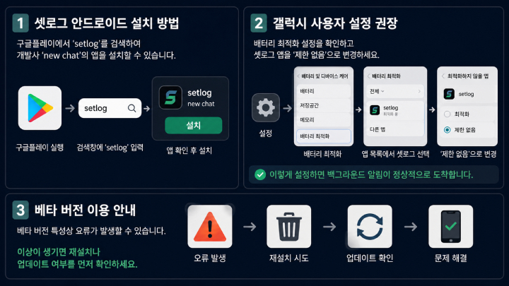 셋로그 안드로이드 설치 갤럭시 사전등록 이유 방법 대표 안내 표시